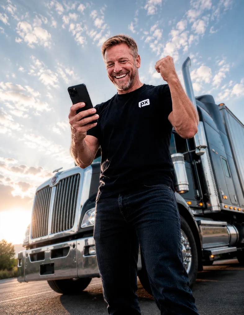 CDL driver celebrating beside a truck while checking the PX app