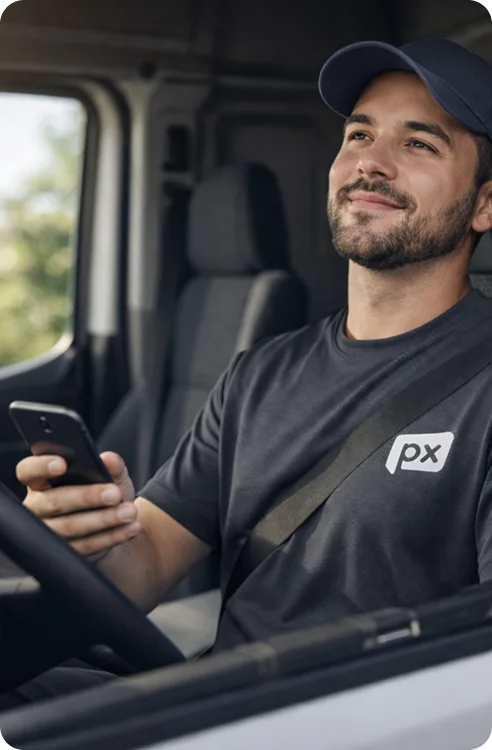 CDL driver smiling in truck cab, using PX app